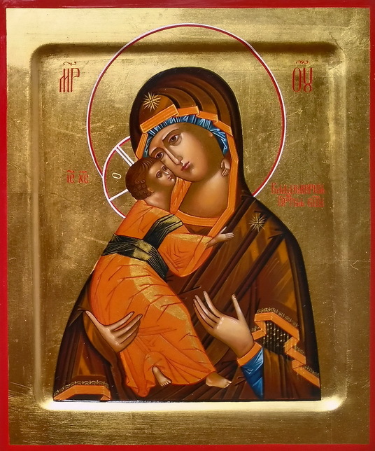 Рукописная икона Владимирской Богородицы с полным золочением