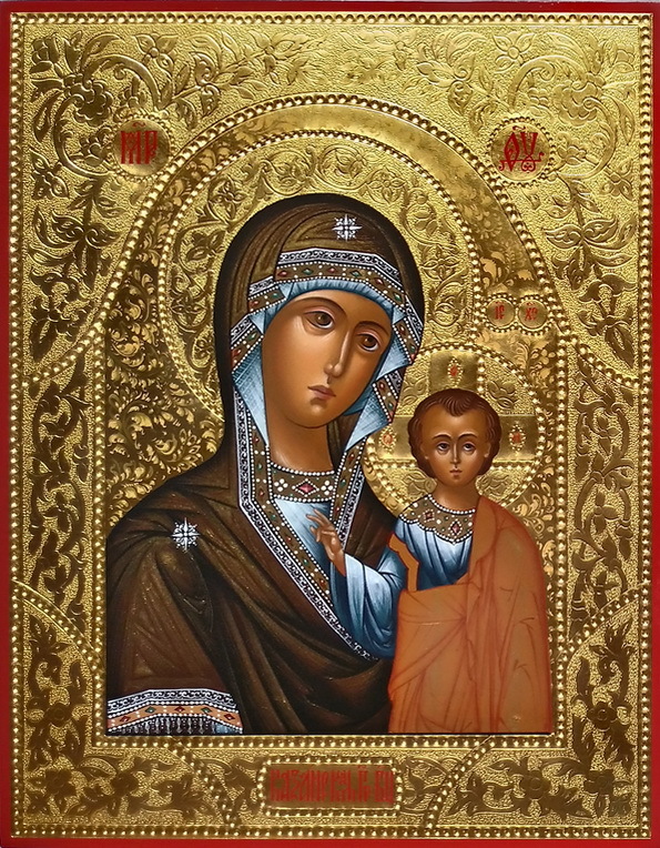 Рукописная икона Казанской Богородицы с полным золочением и разьбой